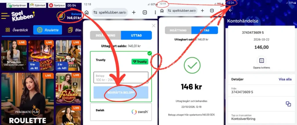 Ett uttag från Spelklubben via Trustly (2026).