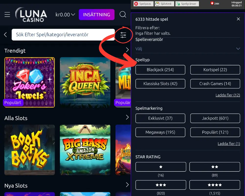 Luna Casinos sökfilter