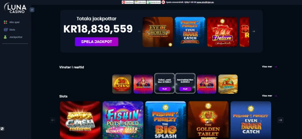 Luna Casinos förstasida och spelutbud