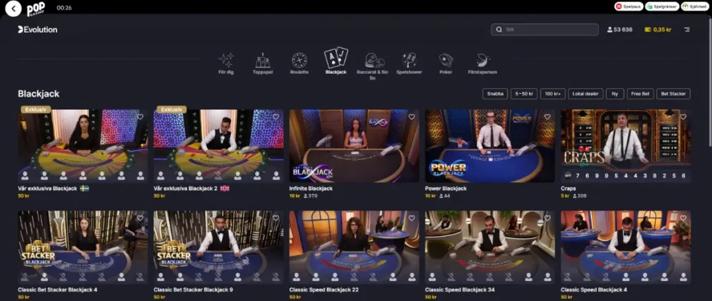 Evolutions blackjacklobby hos Pop Casino