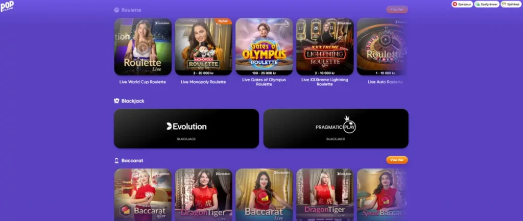 Live casinot hos Pop Casino