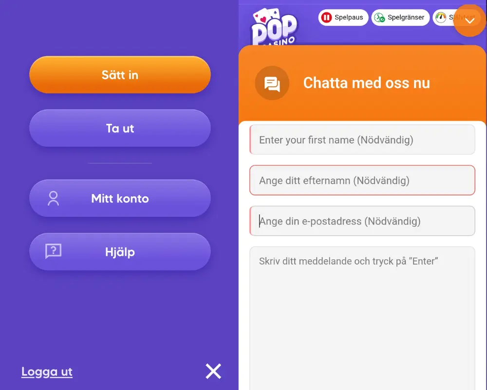 Livechatten hos Pop Casino.