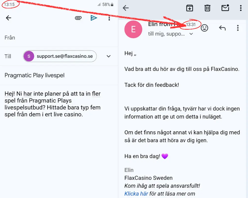 Ett test av Flax Casinos support via e-post
