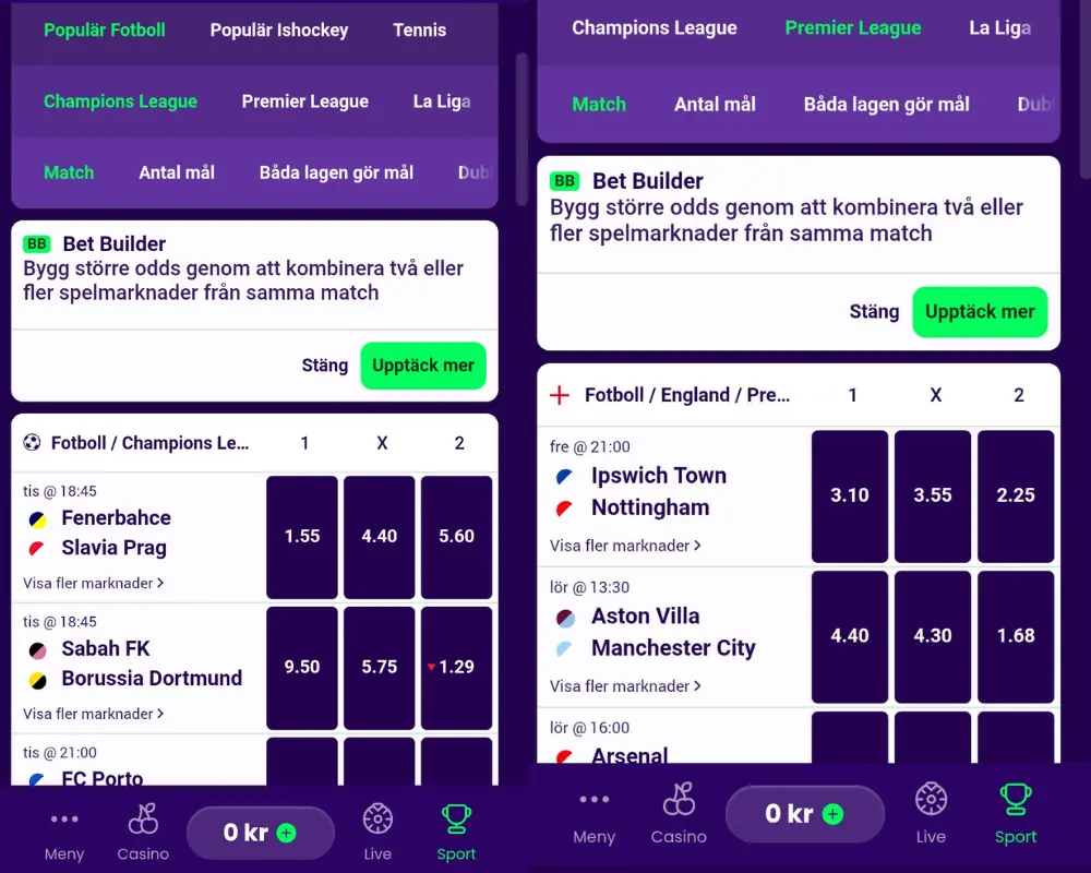 Fotbollsodds: Premier League och Champions League hos Flax Casino.