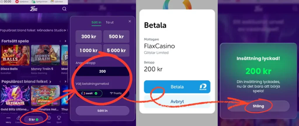 En insättning till Flax Casino via Swish (2026).