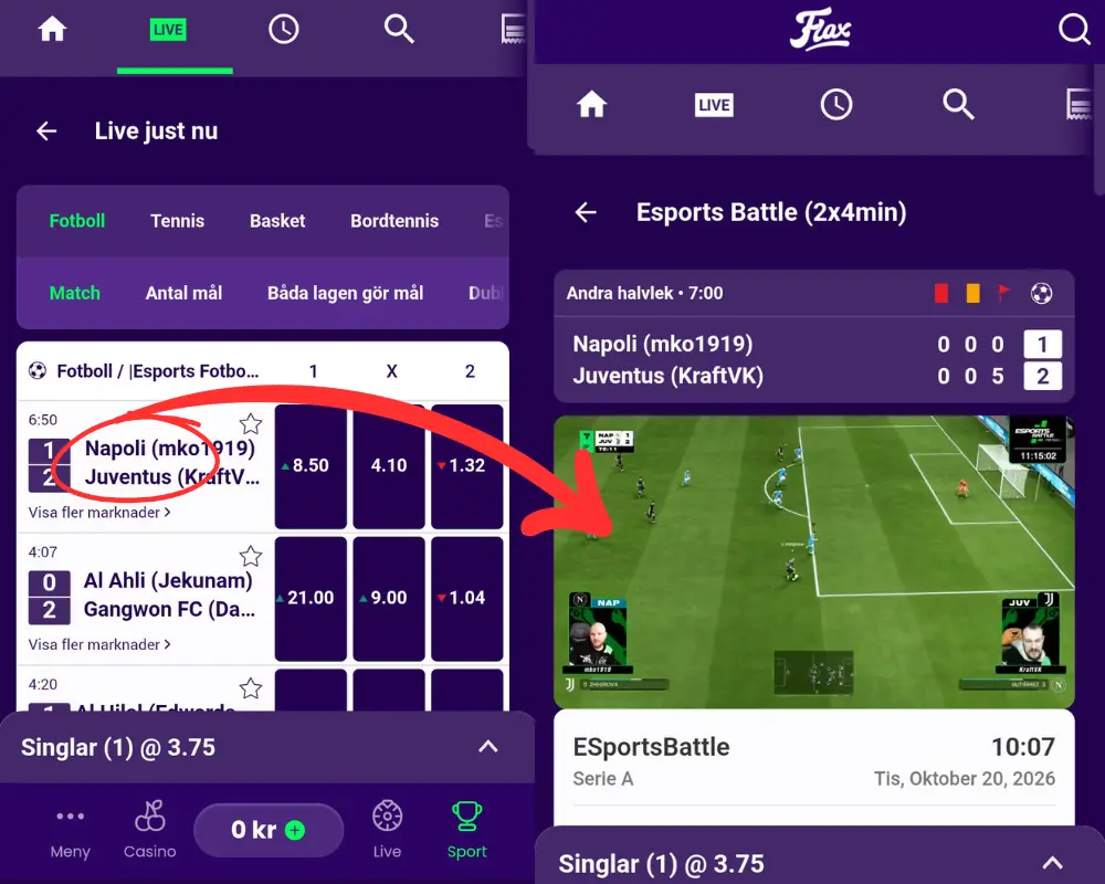Live betting och streaming hos Flax Casino.