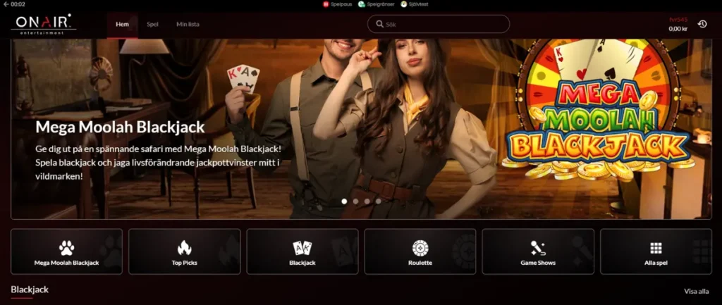 OnAir Entertainments livespelslobby hos Flax Casino.