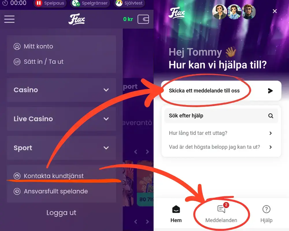 Vart man hittar kundtjänsten och FAQ hos Flax Casino.