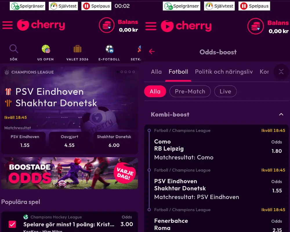 Odds och betting hos Cherry (mobilcasino).
