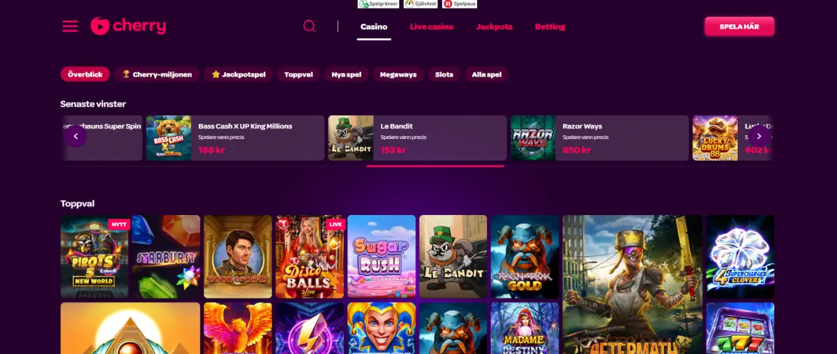 Cherrys casinolobby och spelutbud.
