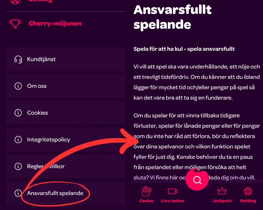 Information om ansvarsfullt spelande hos Cherry.