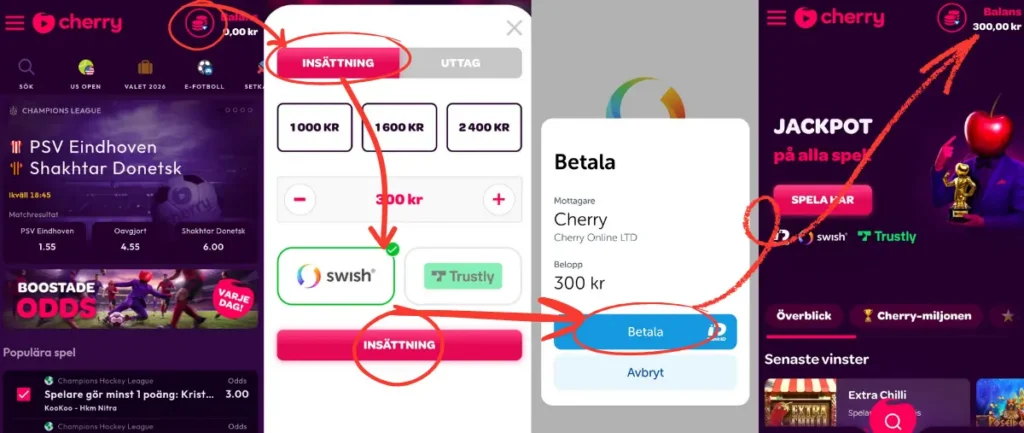 Här gör vi en insättning via Swish hos Cherry (2026).