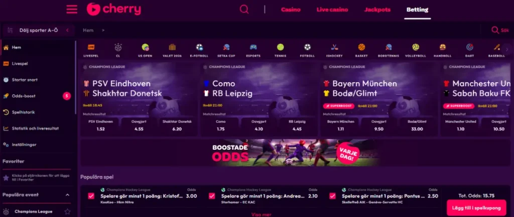 Odds och betting hos Cherry (PC).