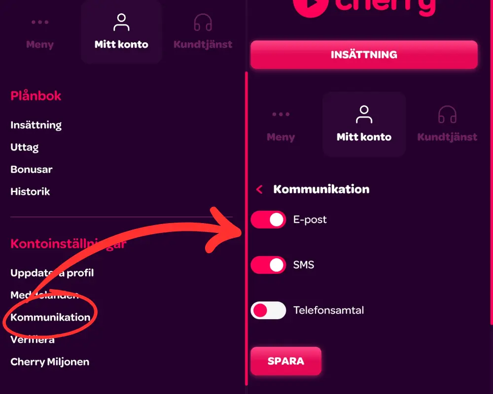 Inställningar för reklam via SMS, e-post och telefon hos Cherry.