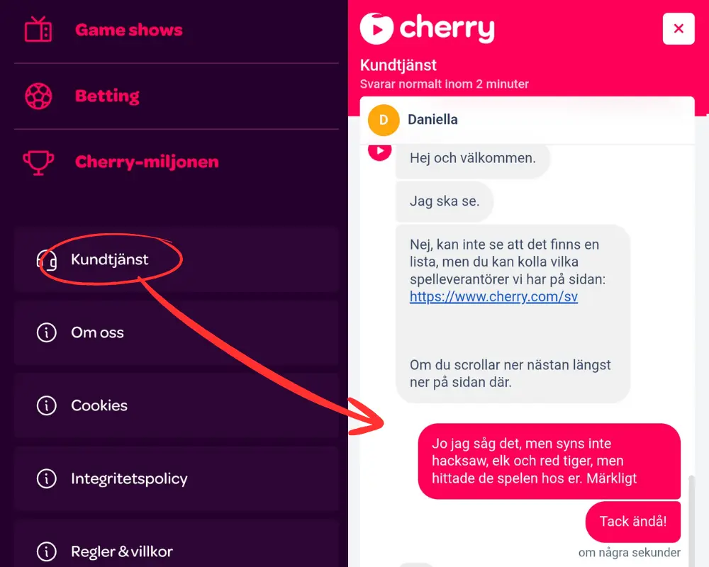 Livechatten hos Cherry.