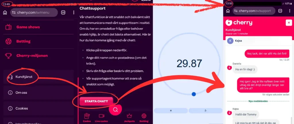 Här är ett av våra tester av livechatten hos Cherry (2026)