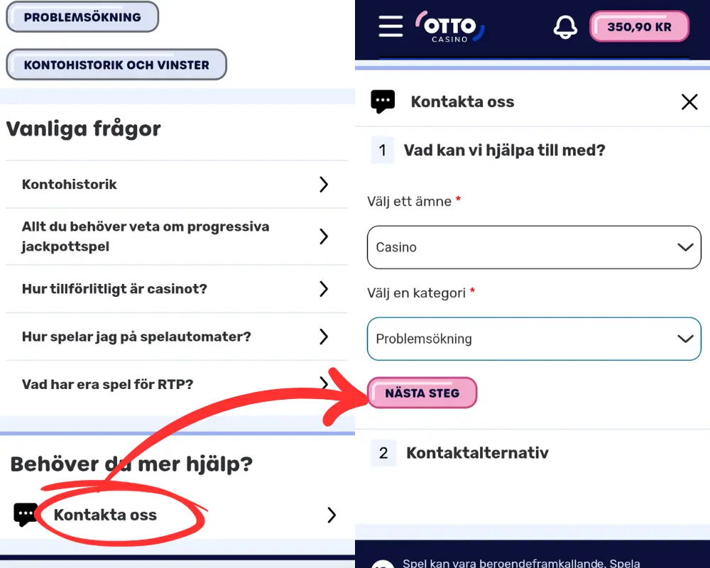 Formuläret för att nå Otto Casinos livechatt: steg 1