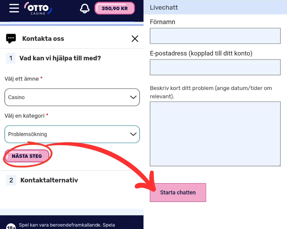 Formuläret för att nå Otto Casinos livechatt: steg 2