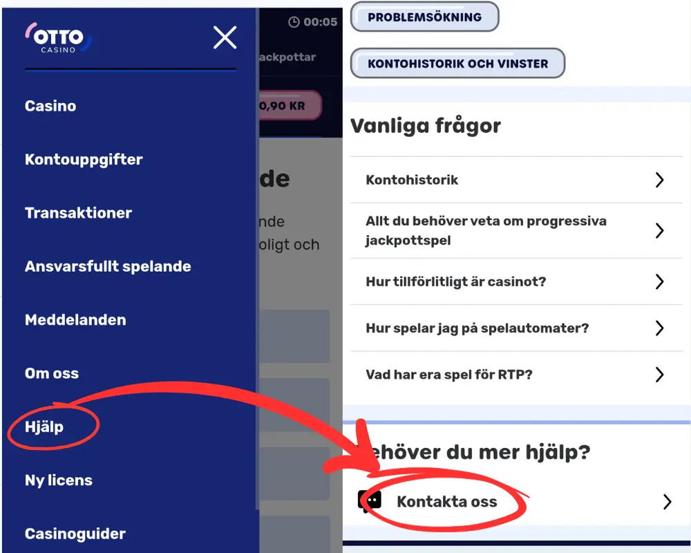 Hur du hittar hjälpcentret och kundtjänsten hos Otto Casino.