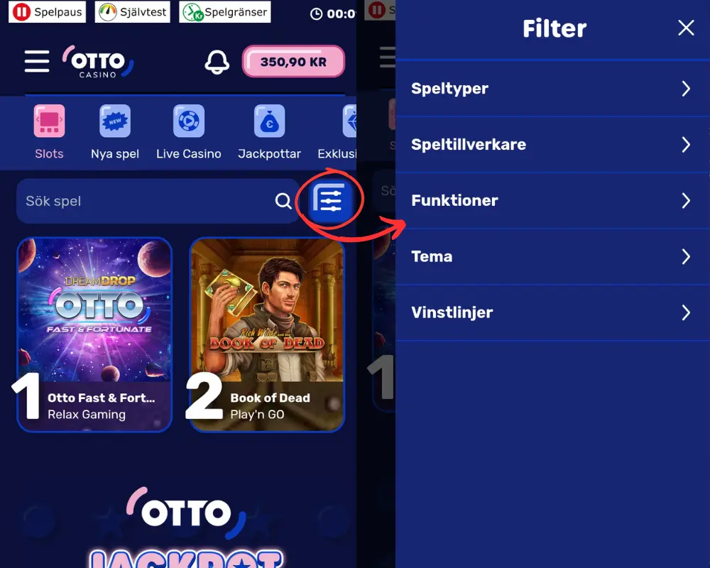 Vart du hittar sökfiltret hos Otto Casino.