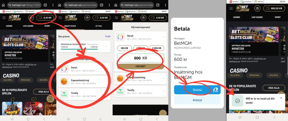 En av våra insättningar till BetMGM via Swish (2026).
