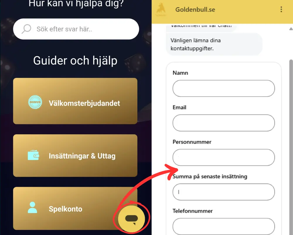 Formulär för kontakt som ej inloggad hos Golden Bull. 