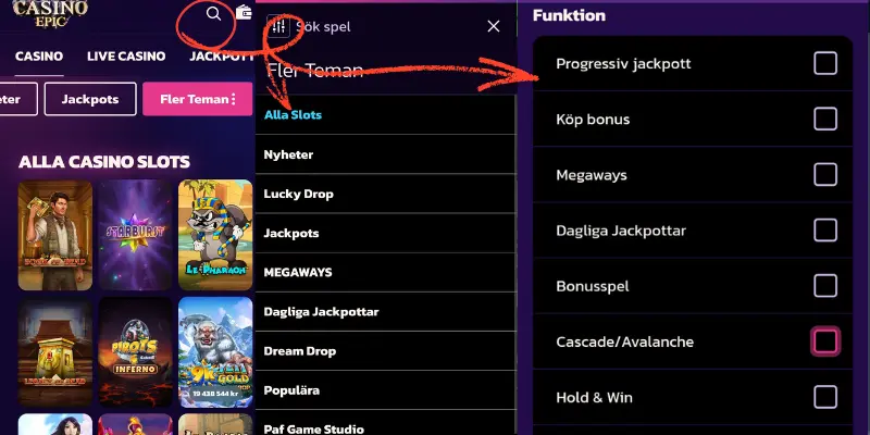 Hur du använder CasinoEpics sökfunktion och spelfilter.