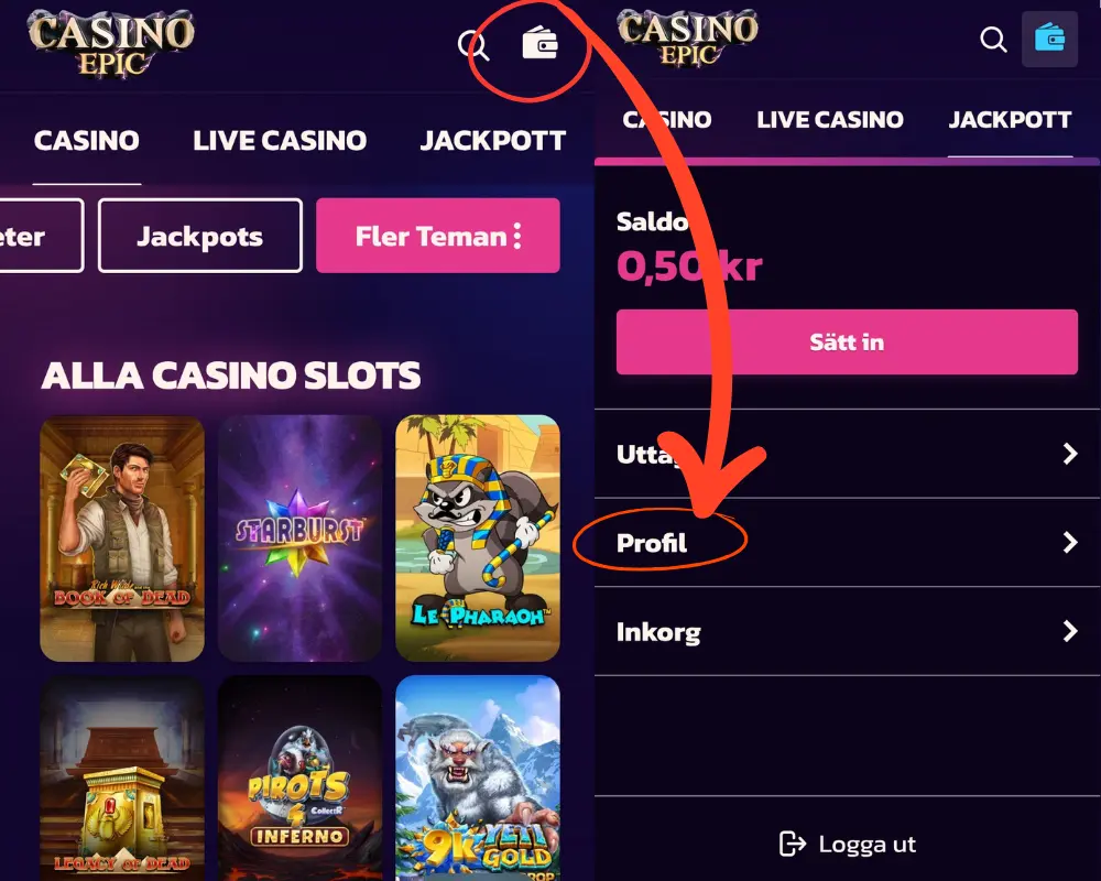 Hur du ställer in dina gränser hos CasinoEpic: gå först till din profil.