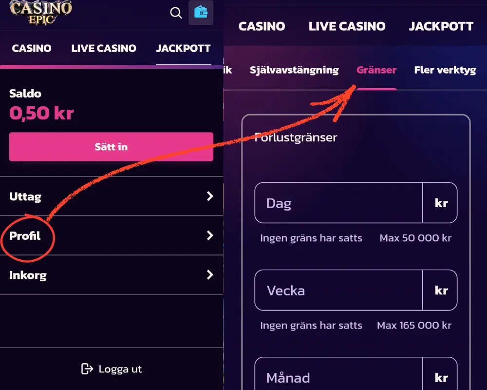 Hur du ställer in dina gränser hos CasinoEpic: därefter hittar du alla gränser under "gränser."