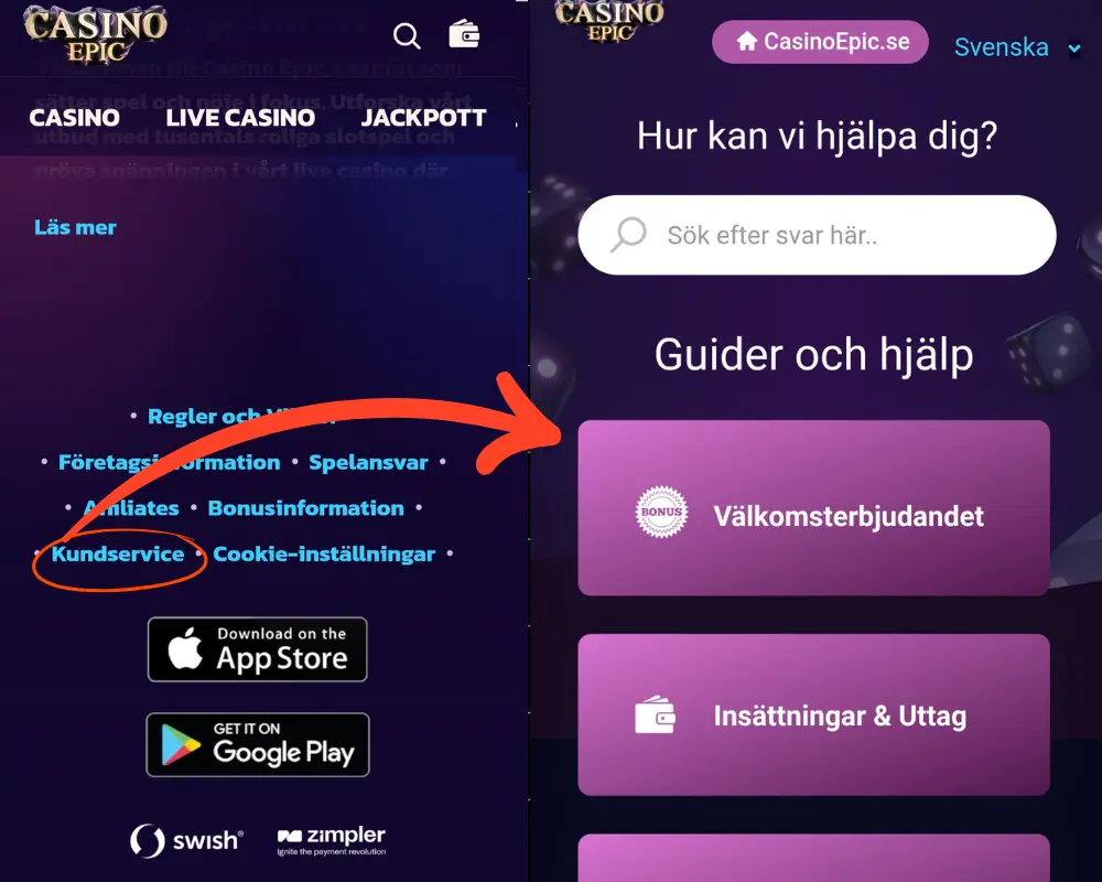 Vart du hittar CasinoEpics kundtjänst och FAQ.
