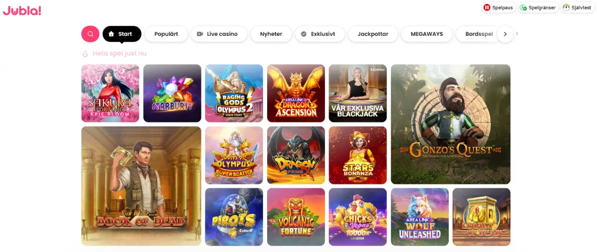 Jublas casinolobby och spelutbud.