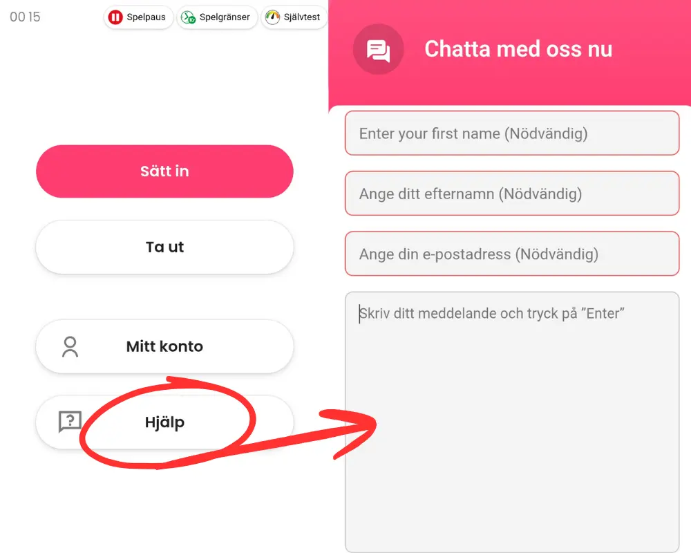 Var du hittar livechatten hos Jubla och formuläret du måste fylla i för kontakt.