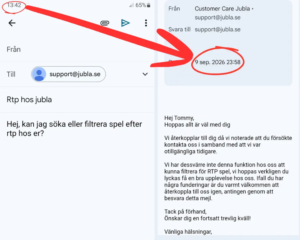 Mejltest till Jublas kundtjänst 2026.