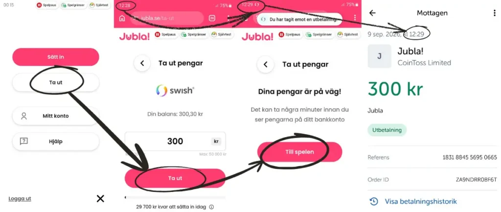 Ett uttag via Swish från Jubla (2026). Uttaget betalades ut efter mindre än 30 sekunder, vilket vi räknar som 'Direkt'.