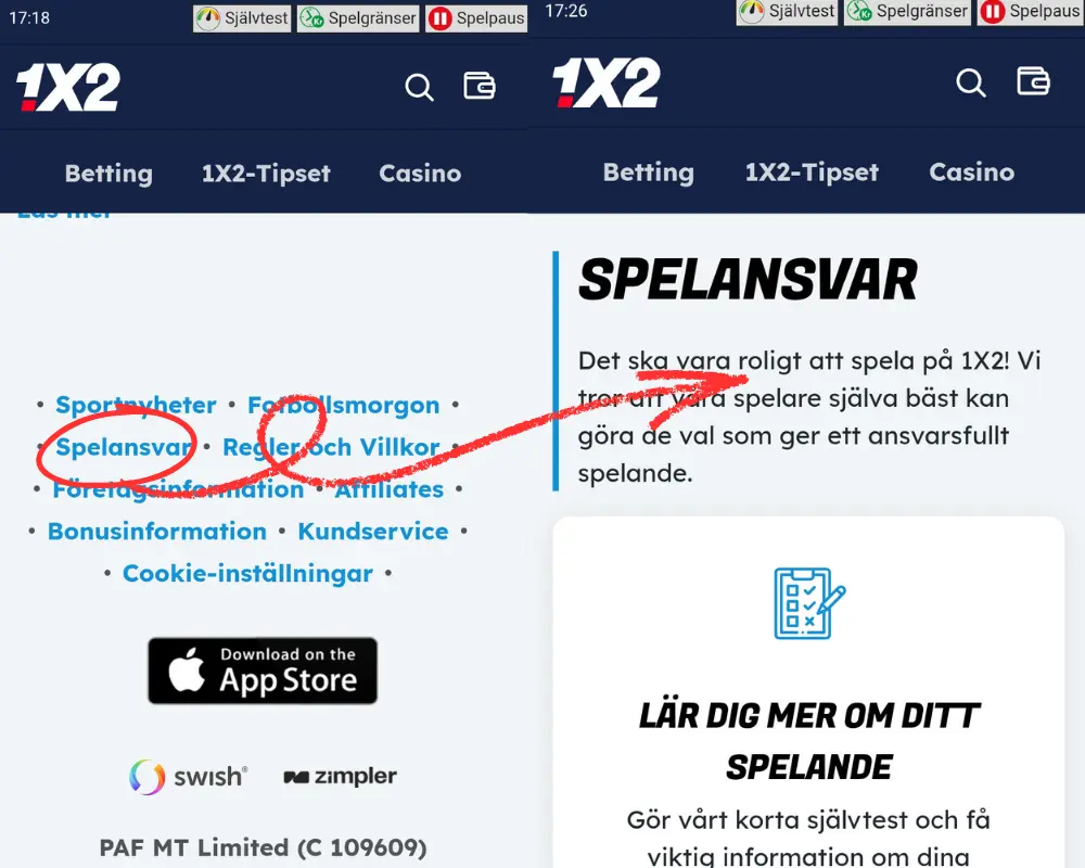 Sidan för ansvarsfullt spelande hos 1X2.