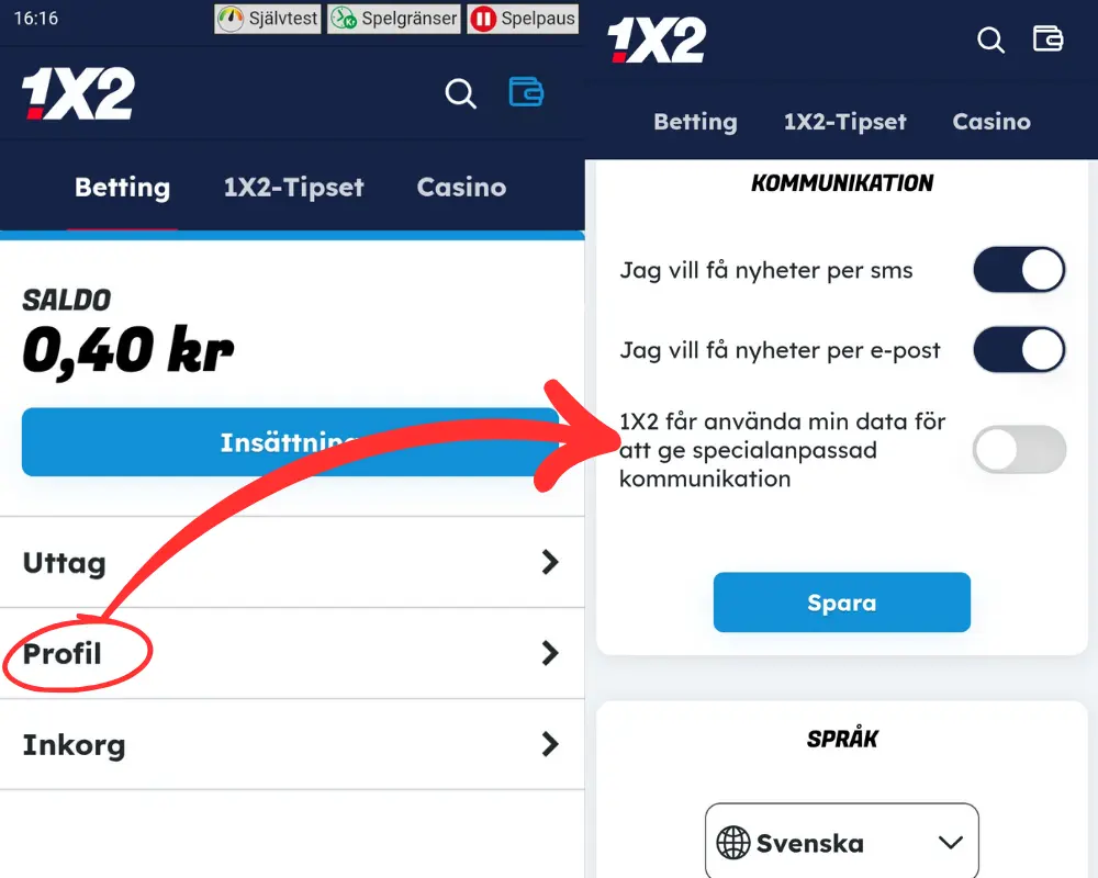 Inställningar för reklam och meddelanden från 1X2.