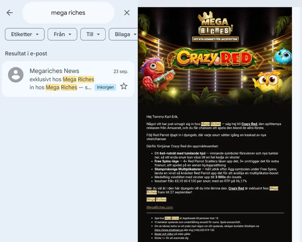 Reklam via e-post från Mega Riches.