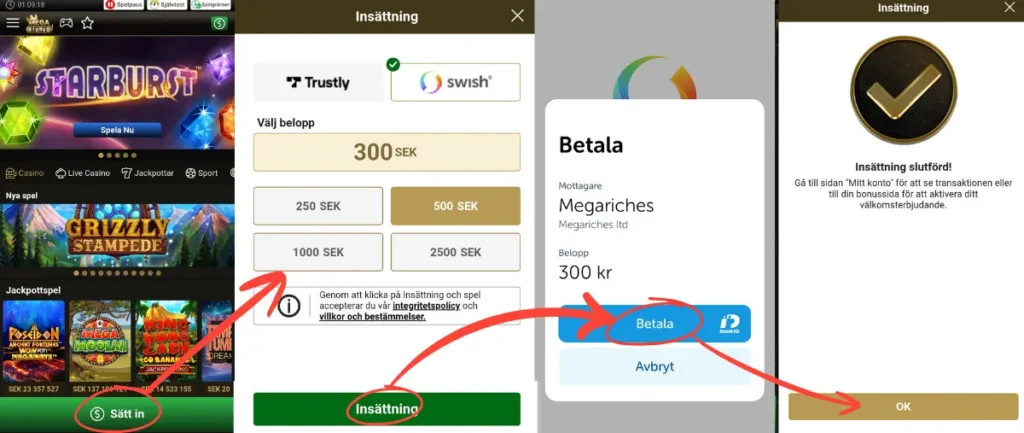 En insättning via Swish till Mega Riches från 2026.
