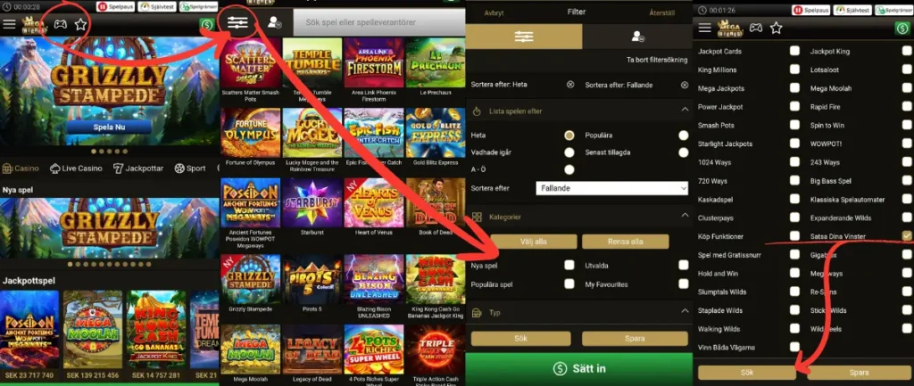 Här öppnar vi sökfiltret hos Mega Riches och söker efter slots där du kan satsa dina vinster.