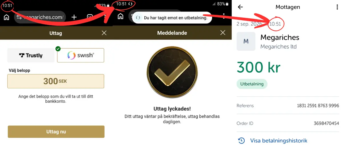 Ett uttag via Swish (2026) som betalades ut direkt från Mega Riches.