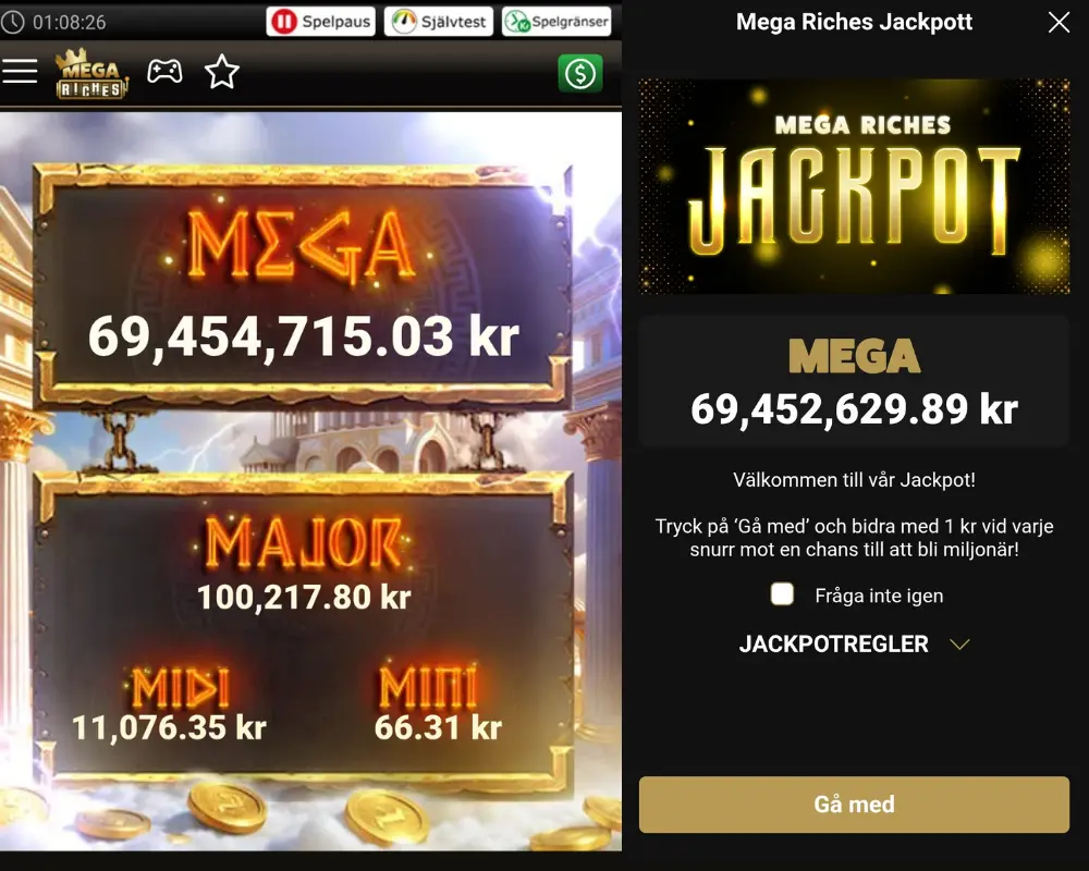 Förfrågan att delta i Mega Riches Jackpott