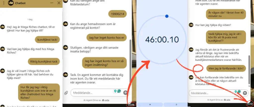 Här är ett av våra test av livechatten hos Mega Riches.