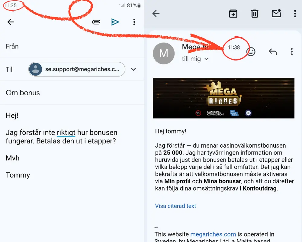 Kundtjänst via e-post hos Mega Riches