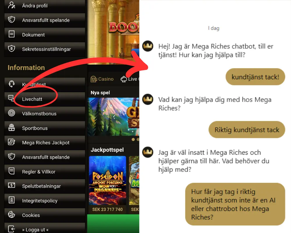 Vart du hittar livechatten hos Mega Riches.