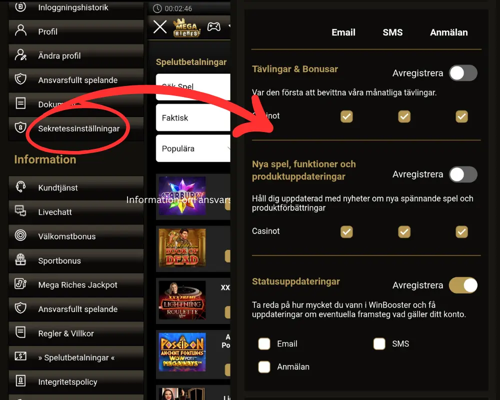 Inställningar för spelreklam från Mega Riches.