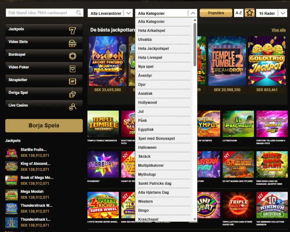 Alla casinospelskategorier hos Mega Riches.