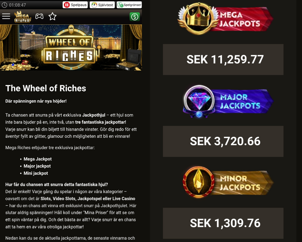 Information om Wheel of Riches, deltagande och de olika jackpottarna.