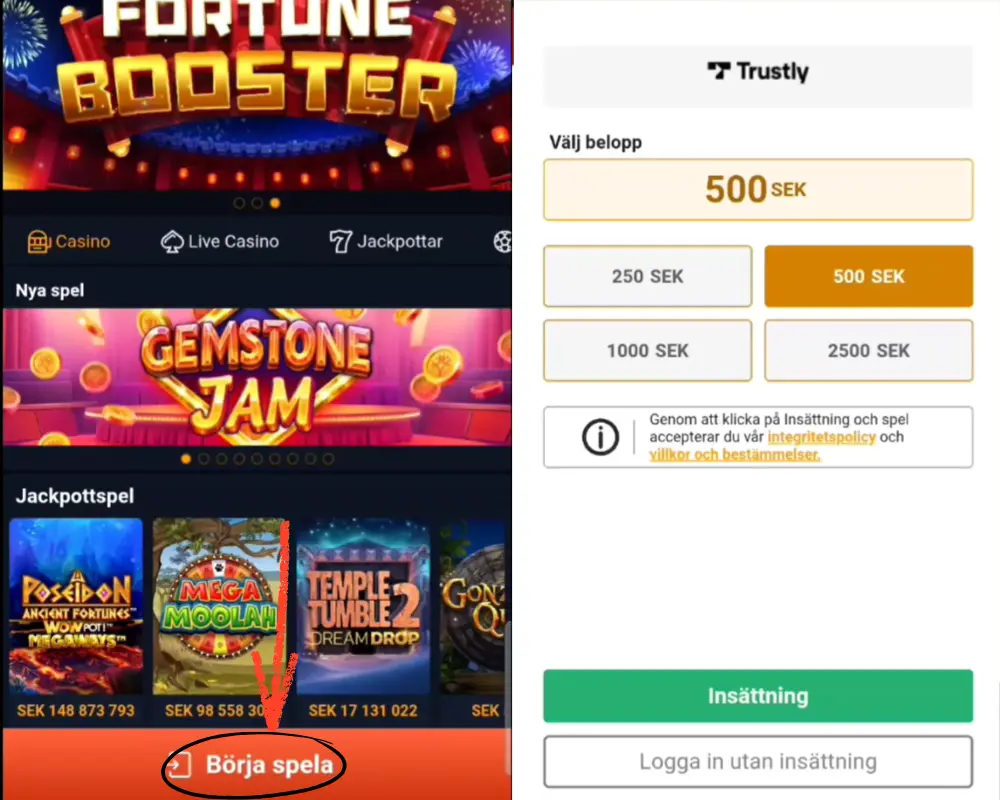 Registrering hos Mega Fortune, steg 1: börja spela och första insättning