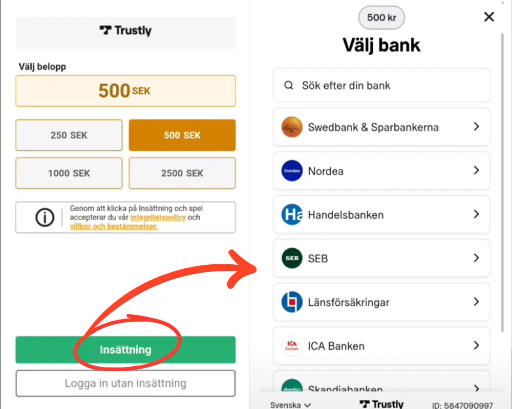 Registrering hos Mega Fortune, steg 2: verifiera insättningen
