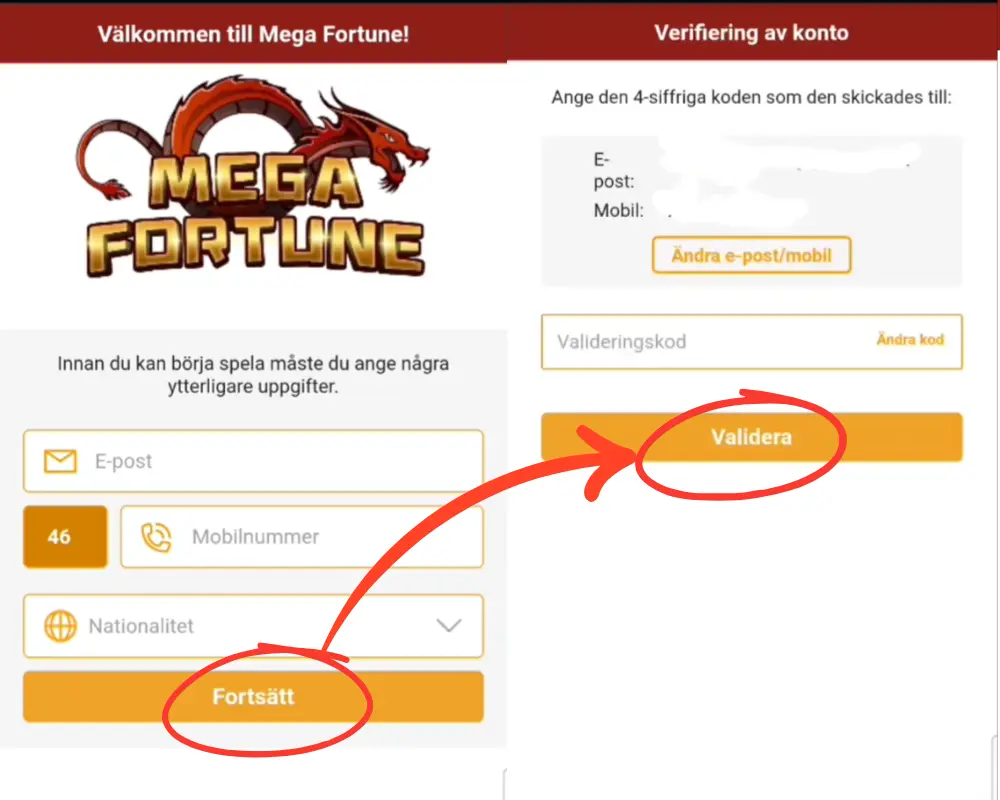 Registrering hos Mega Fortune, steg 3: verifiera e-post och telefonnummer.